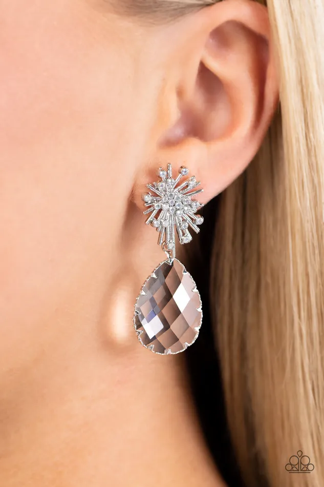 Paparazzi Accessories Earrings Stellar Shooting Star White Rhinestone Teardrop Gem Post Earrings Paparazzi