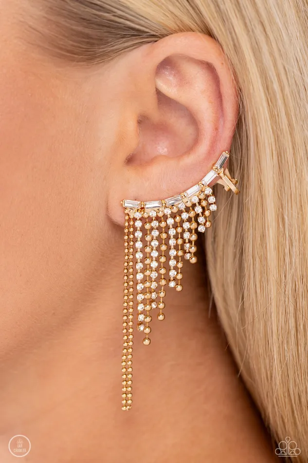 Paparazzi Accessories Earrings Tapered Tease Gold Rhinestone Fringe Ear Crawler Earrings Paparazzi
