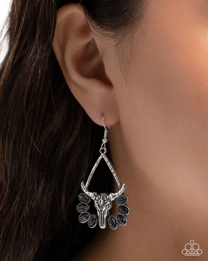 Paparazzi Accessories Earrings Western Whirlwind Black Stone Silver Longhorn Cow Skull Earrings Paparazzi