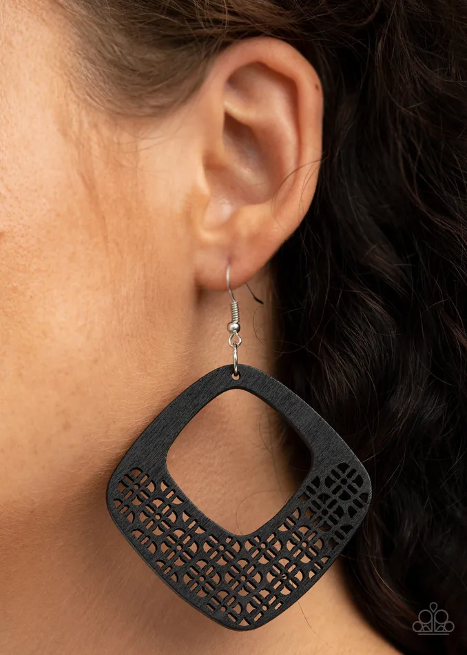 Paparazzi Accessories Earrings WOOD You Rather Black Wooden Diamond Floral Stencil Earrings Paparazzi