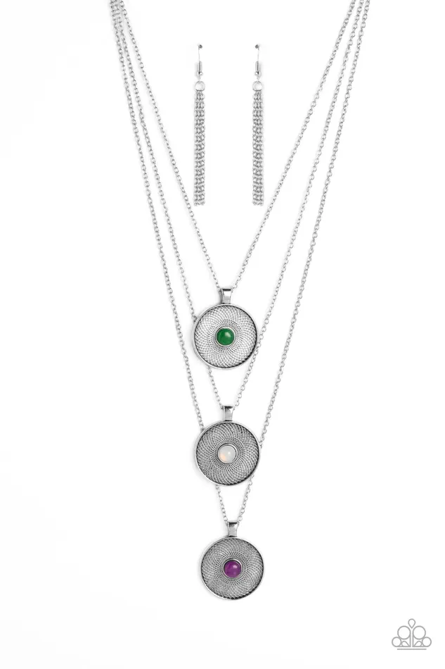 Paparazzi Accessories Geographic Grace Purple White and Jade Stone Silver Medallion Short Necklace Paparazzi Necklaces