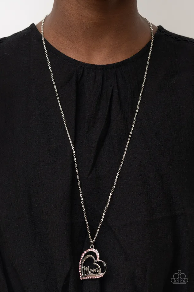 Paparazzi Accessories Necklaces A Mothers Heart Pink Rhinestone Mom Heart Silver Necklace Paparazzi