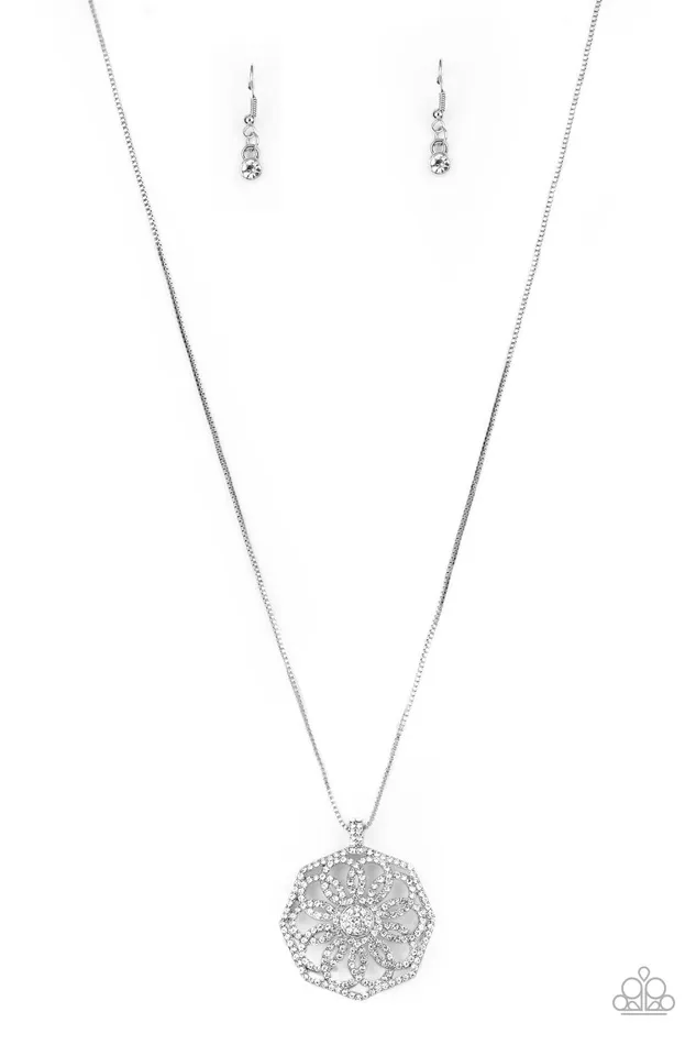 Paparazzi Accessories Necklaces Botanical Bling White Rhinestone Silver Floral Pendant Necklace Paparazzi
