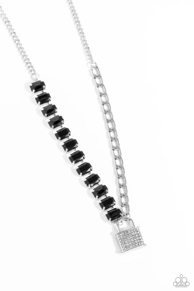 Paparazzi Accessories Necklaces LOCK and Roll Black Gem Silver Lock Short Necklace Paparazzi