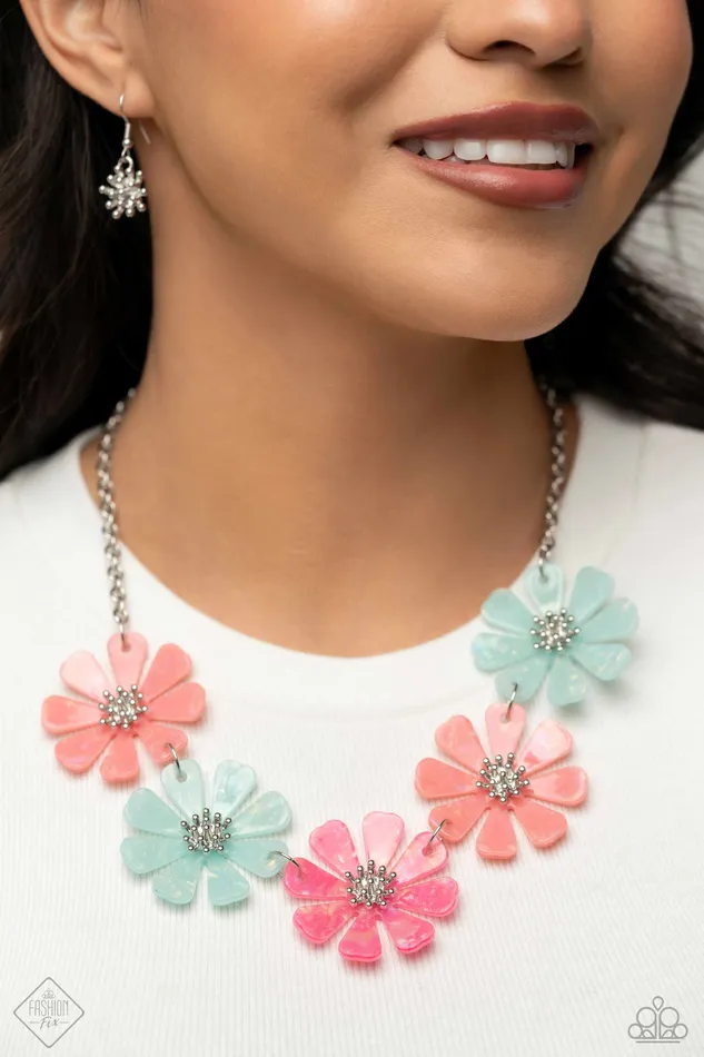 Paparazzi Accessories Necklaces Pastel Promenade Multi Pink Blue Coral Flower Silver Short Necklace Paparazzi Fashion Fix March 2024