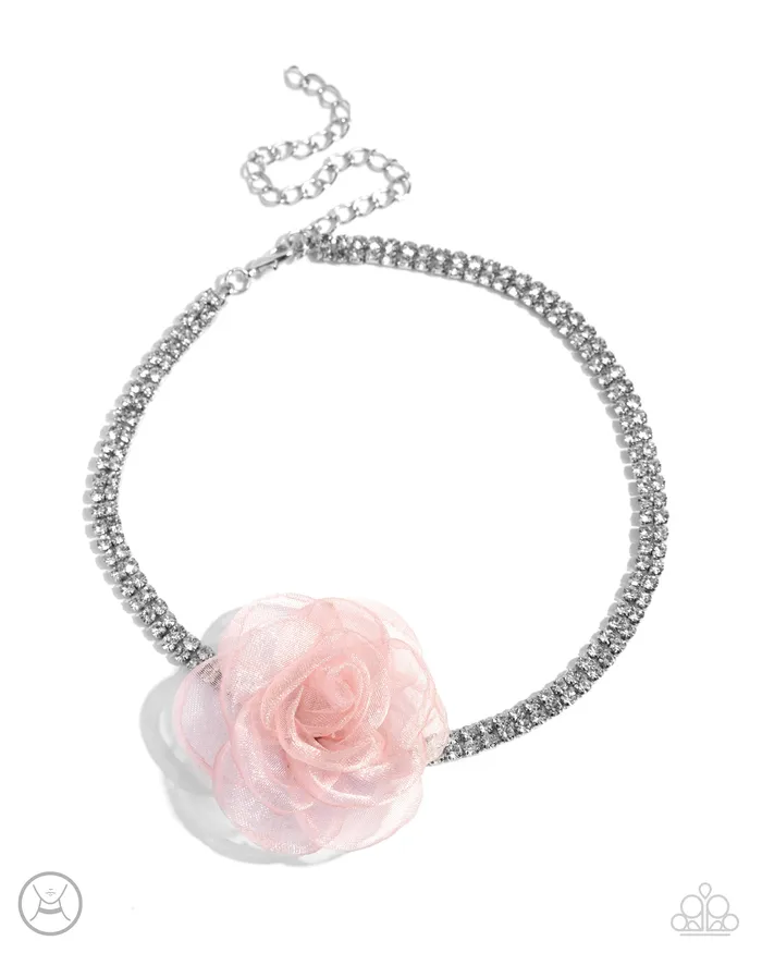 Paparazzi Accessories Necklaces Rosy Range Pink Flower White Rhinestone Silver Choker Necklace Paparazzi