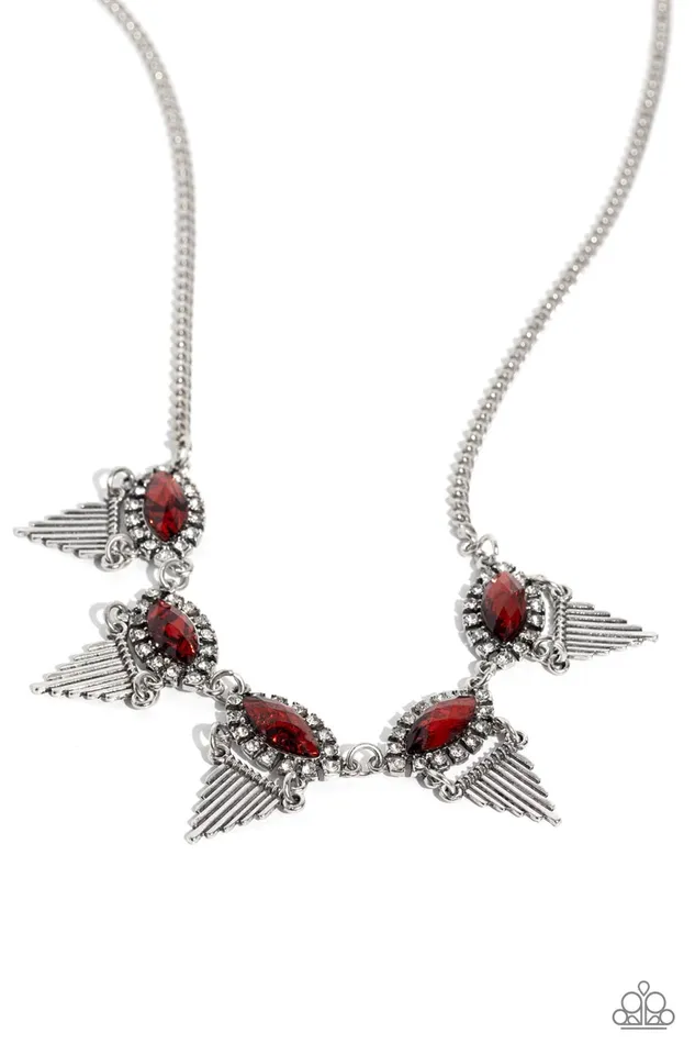 Paparazzi Accessories Necklaces Scintillating Shimmer Red Gem Silver Fringe Short Necklace Paparazzi