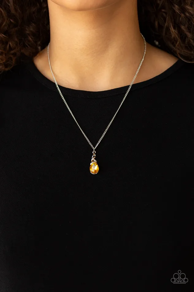 Paparazzi Accessories Necklaces Timeless Trinket Paparazzi Yellow Dainty Teardrop Gem Silver Pendant Necklace