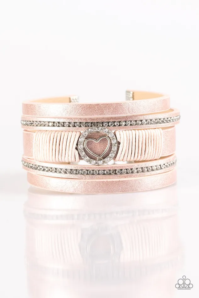 Paparazzi It Takes Heart Pink Metallic Leather Rhinestone Heart Wrap Bracelet Paparazzi Accessories Bracelets