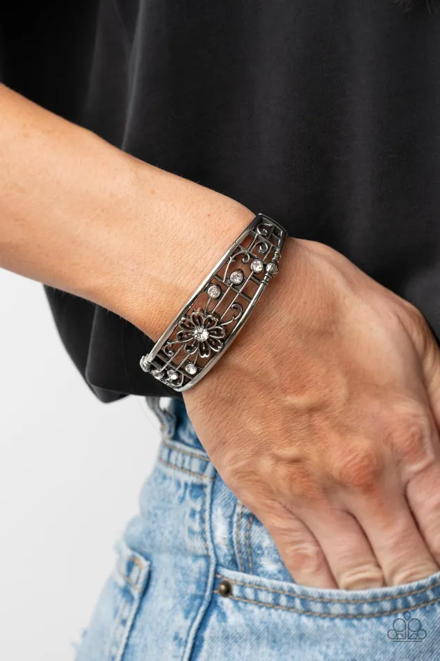 Prairie Musical White Rhinestone Silver Floral Hinged Bracelet Paparazzi Paparazzi Accessories Bracelets