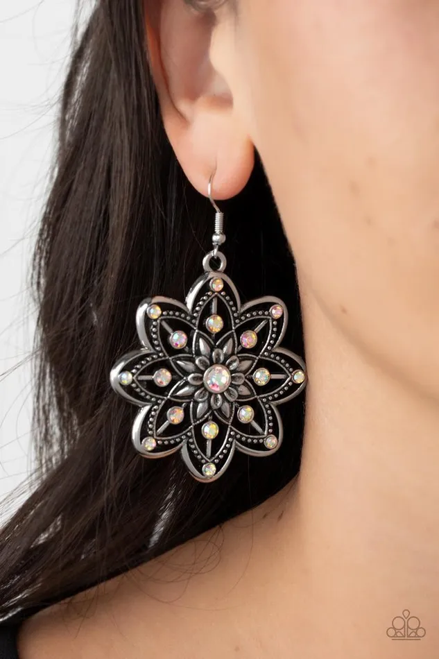 Prismatic Perennial Multi Iridescent Rhinestone Silver Flower Earrings Paparazzi Paparazzi Accessories Earrings