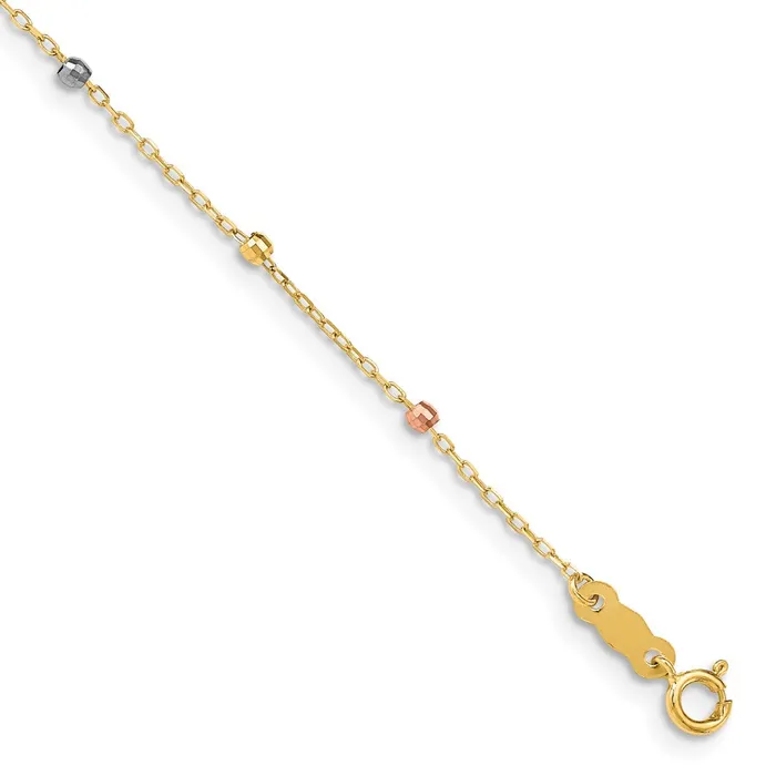 Qgold Bracelets 14k TriColor 3 mm Tri Colored Gold Diamond Cut Beaded Cross W1 IN Ext Bracelet 102 grams