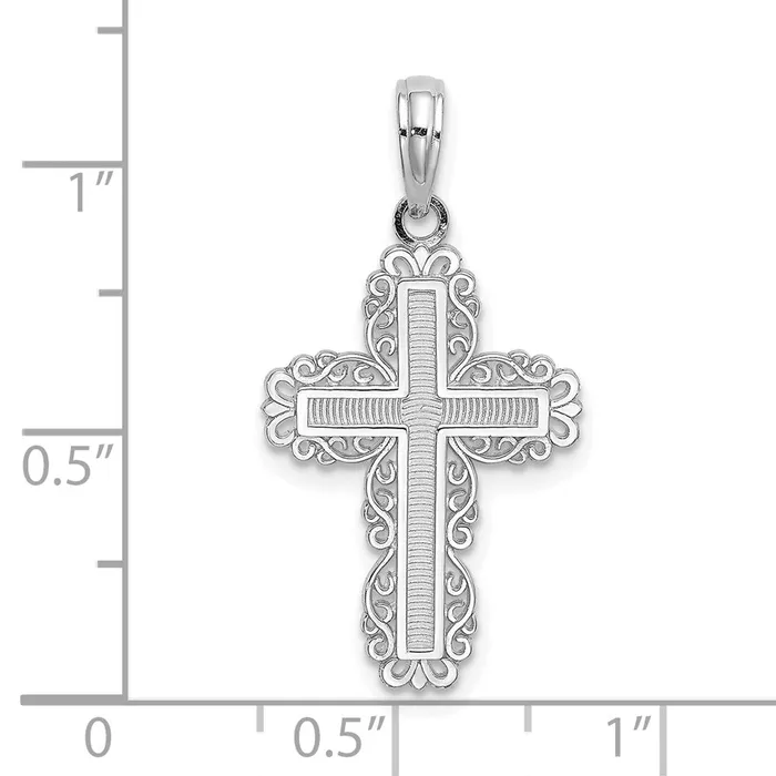 Qgold Charm Necklaces 10k White Gold 15 mm Textured w Lace Trim Cross Charm 076 grams Qgold Charm Necklaces 10k White Gold 15 mm Textured w Lace Trim Cross Charm 076 grams