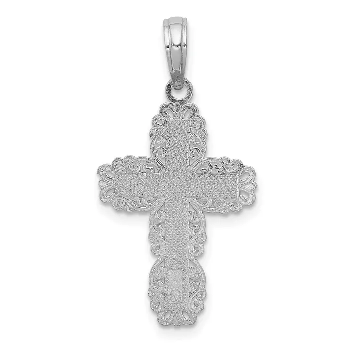 Qgold Charm Necklaces 10k White Gold 15 mm Textured w Lace Trim Cross Charm 076 grams Qgold Charm Necklaces 10k White Gold 15 mm Textured w Lace Trim Cross Charm 076 grams