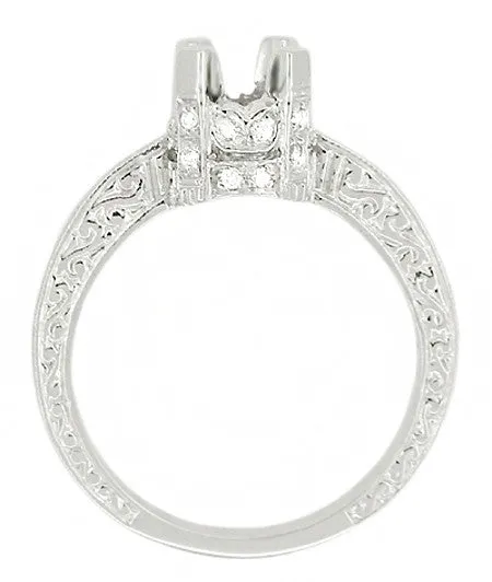 Rings Antique Jewelry Mall Art Deco Scroll Engraved 1 Carat Diamond Knife Edge Crown Engagement Ring Setting in 18 Karat White Gold