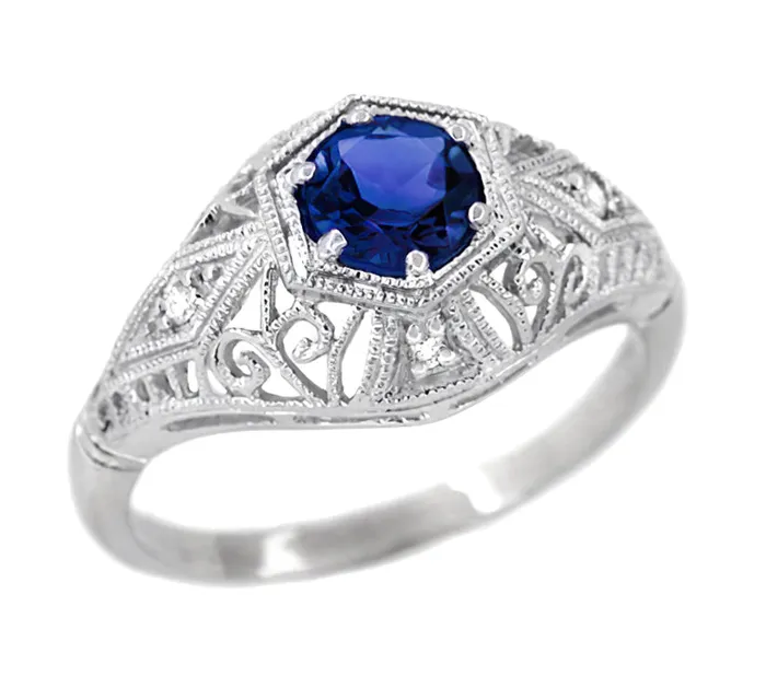 Rings Antique Jewelry Mall Edwardian Sapphire and Diamonds Scroll Dome Filigree Engagement Ring in Platinum
