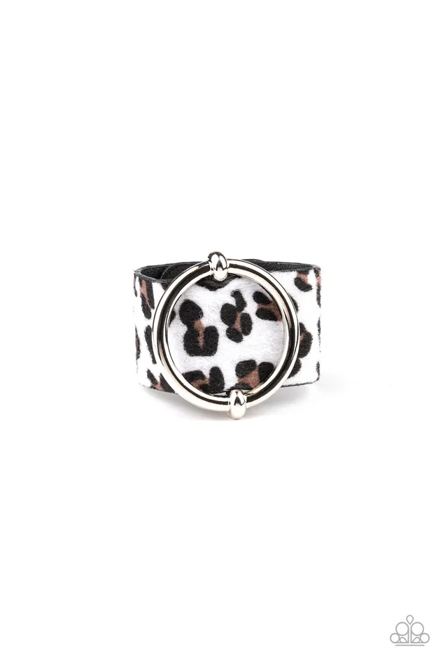 Rings Paparazzi Accessories Asking FUR Trouble Paparazzi White Fuzzy Cheetah Print Silver Ring Wrap Bracelet