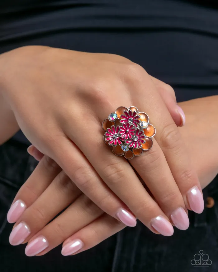 Rings Paparazzi Accessories Boisterous Bouquet Orange Cats Eye Pink Flower Iridescent Rhinestone Silver Ring Paparazzi