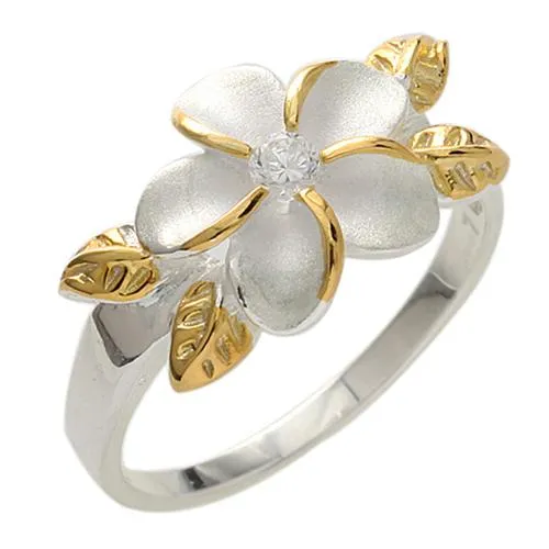 Rings Sterling Silver TwoTone Yellow Gold Plated Plumeria with CZ Four Leaf Ring Nakoa