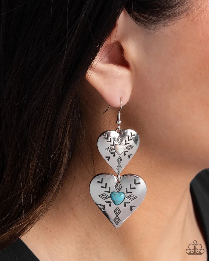 Rustic Repetition Multi White Turquoise Stone Silver Heart Earrings Paparazzi Paparazzi Accessories Earrings