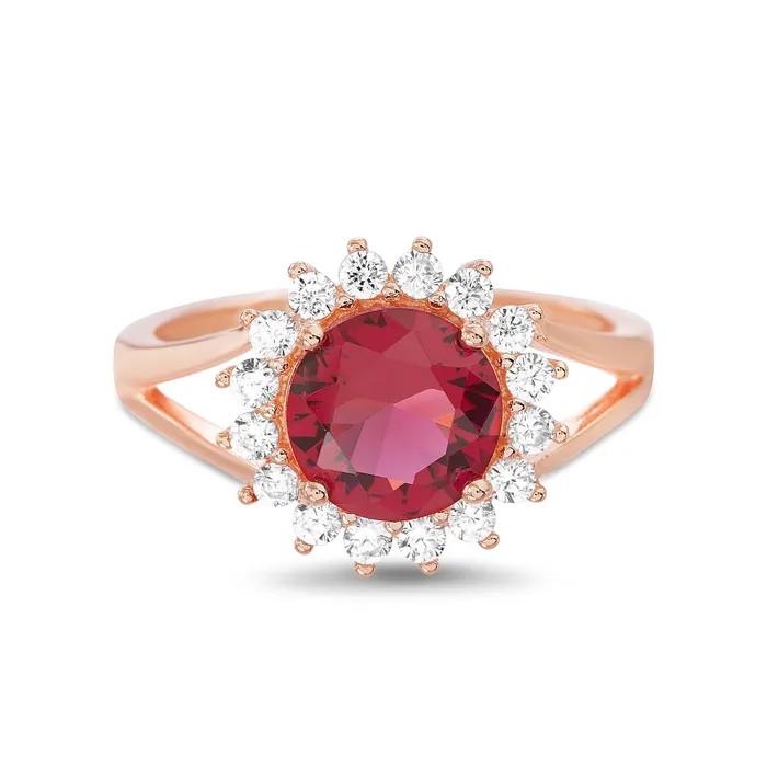 Silver Ruby Round with CZ Halo Floral Design Ring Noblepack CA Rings