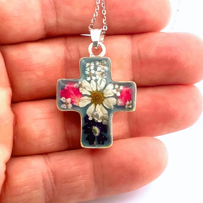Thick Cross Necklace w Pressed Flowers 18inch MEXICO Necklaces