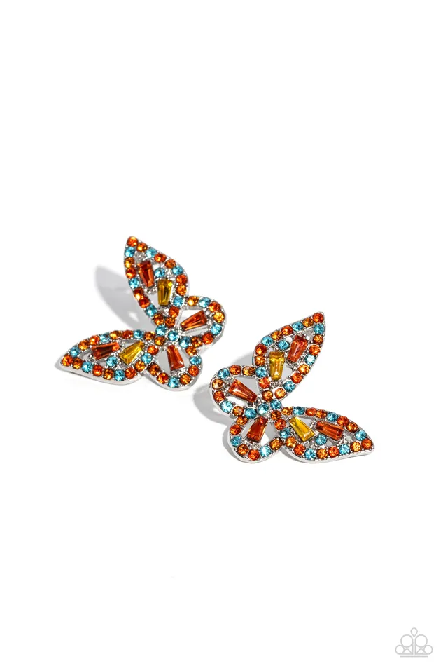 Tilted Takeoff Orange Blue Yellow Rhinestone Silver Buttefly Post Earrings Paparazzi Paparazzi Accessories Earrings Tilted Takeoff Orange Blue Yellow Rhinestone Silver Buttefly Post Earrings Paparazzi Paparazzi Accessories Earrings