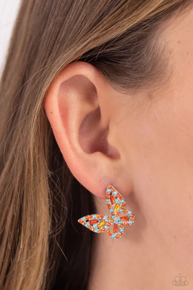 Tilted Takeoff Orange Blue Yellow Rhinestone Silver Buttefly Post Earrings Paparazzi Paparazzi Accessories Earrings