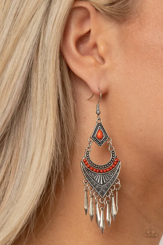 Trailblazer Beam Orange Bead Silver Fringe Earrings Paparazzi Paparazzi Accessories Earrings