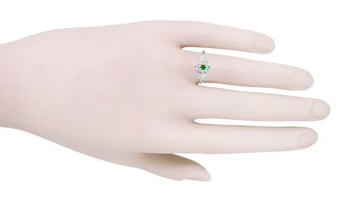 Victorian Flowers Leaves Emerald Promise Ring in 14 Karat White Gold Antique Jewelry Mall Rings