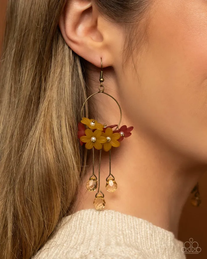 Whimsical Work Brass Yellow and Coral Flower Earrings Paparazzi Paparazzi Accessories Earrings